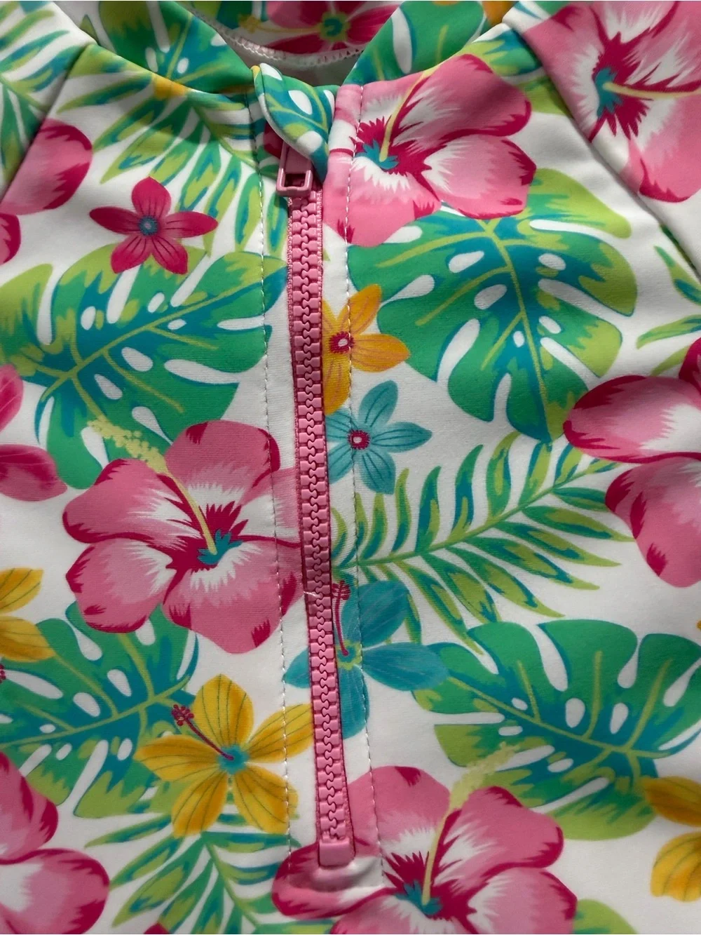 Little Me Pink Green Floral Long Sleeve UPF 50+ One-Piece Zip Snap Swimsuit 18 M
